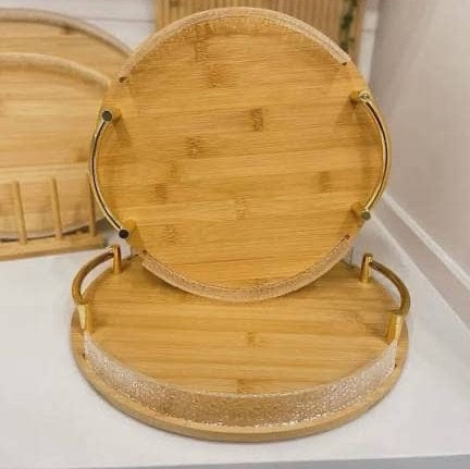 سینی 2 عددی دسته طلایی چوبی بامبو دور اکرولیک بیضی و گرد